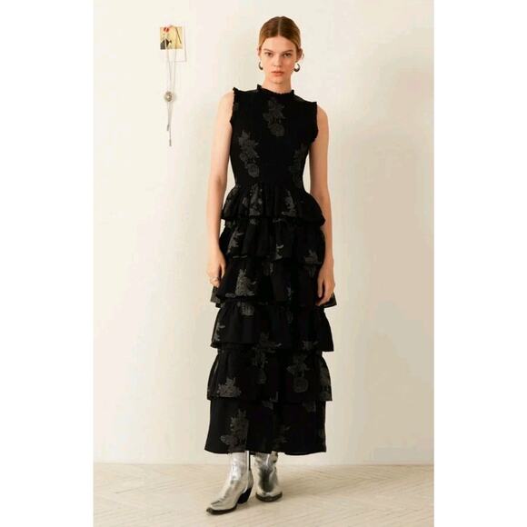 NWT Alix of Bohemia Cabana Ebony Marigold Midi Tier Dress Sz L Boho Party Event - Picture 1 of 16